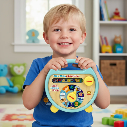Toddler holding Bible storyteller device