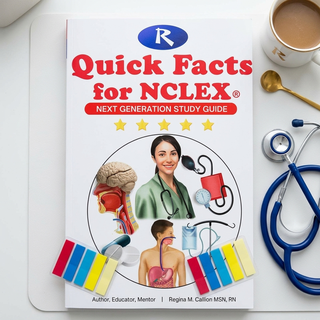 Quick Facts for NCLEX book with study tabs and stethoscope