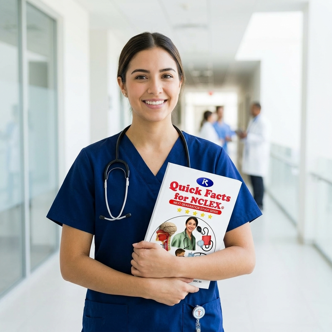 Nursing student holding Quick Facts for NCLEX in a hospital hallway
