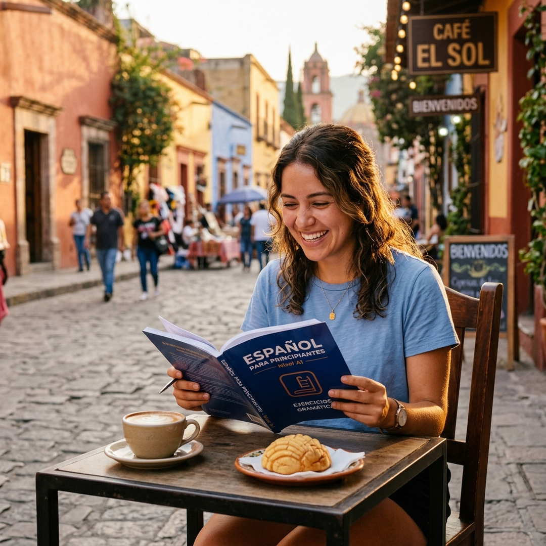Woman reading Spanish workbook at cafe